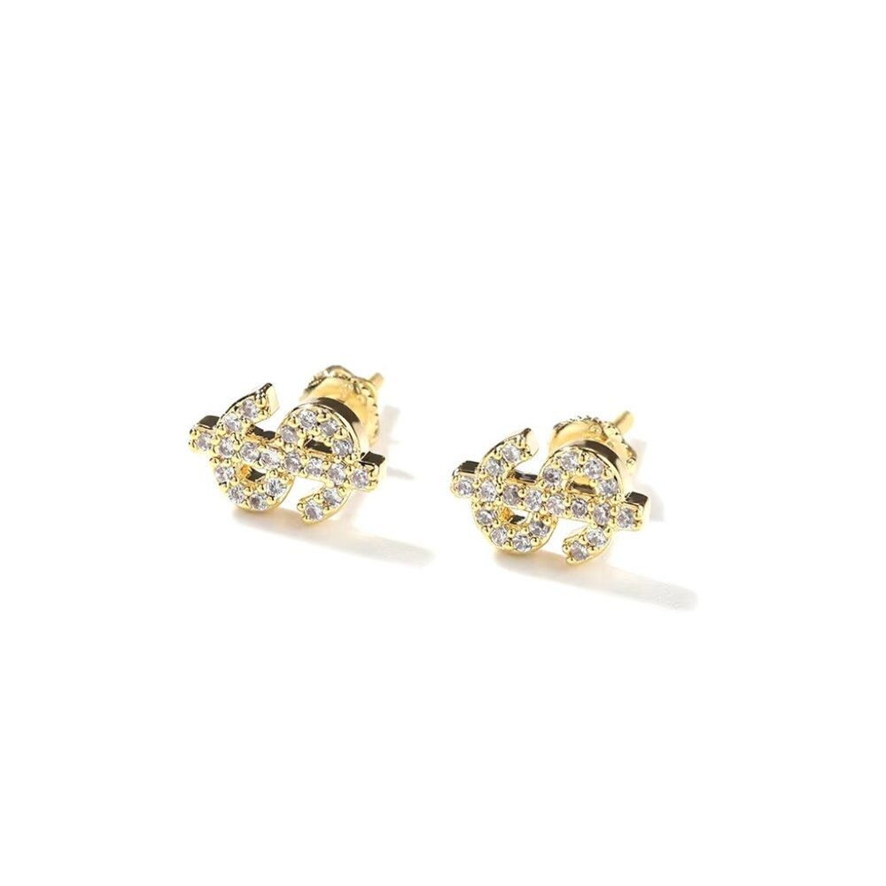 π Dollar Sign Diamond Studded Earrings, 18K Yellow Gold Hypoallergenic π - Picture 3 of 4